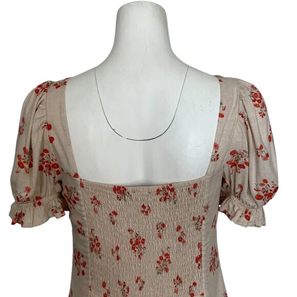 Bardot Lucinta Mini Dress 8 M Beige Floral Puff Sleeve Bohemian Spring Summer - Picture 8 of 12